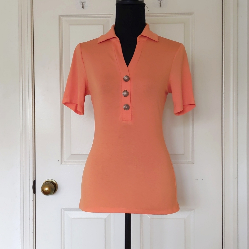 NWOT. The Limited Rayon and Spandex Orange Short Sleeve Polo with big buttons.